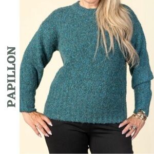 Papillon Teal Rib Trim Knit Sweater Medium Cozy Pullover